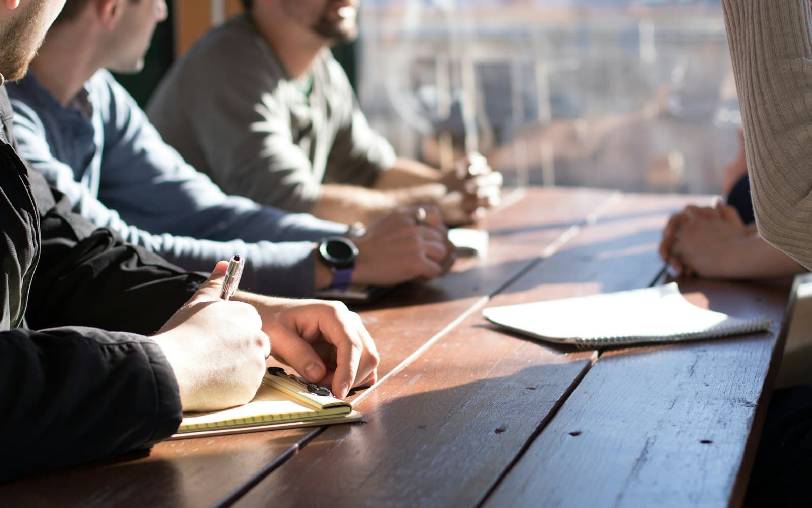 A team collaborating in a modern training space